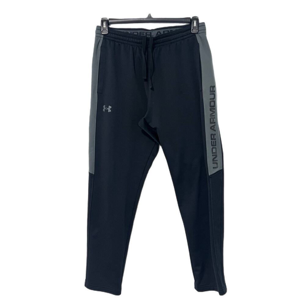 Under Armour Sweatpants Men's Large Black Gray Stripe Spell out Logo Drawstring